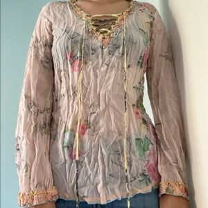 Light Pink Floral Long Sleeve Sheer Crinkle Top